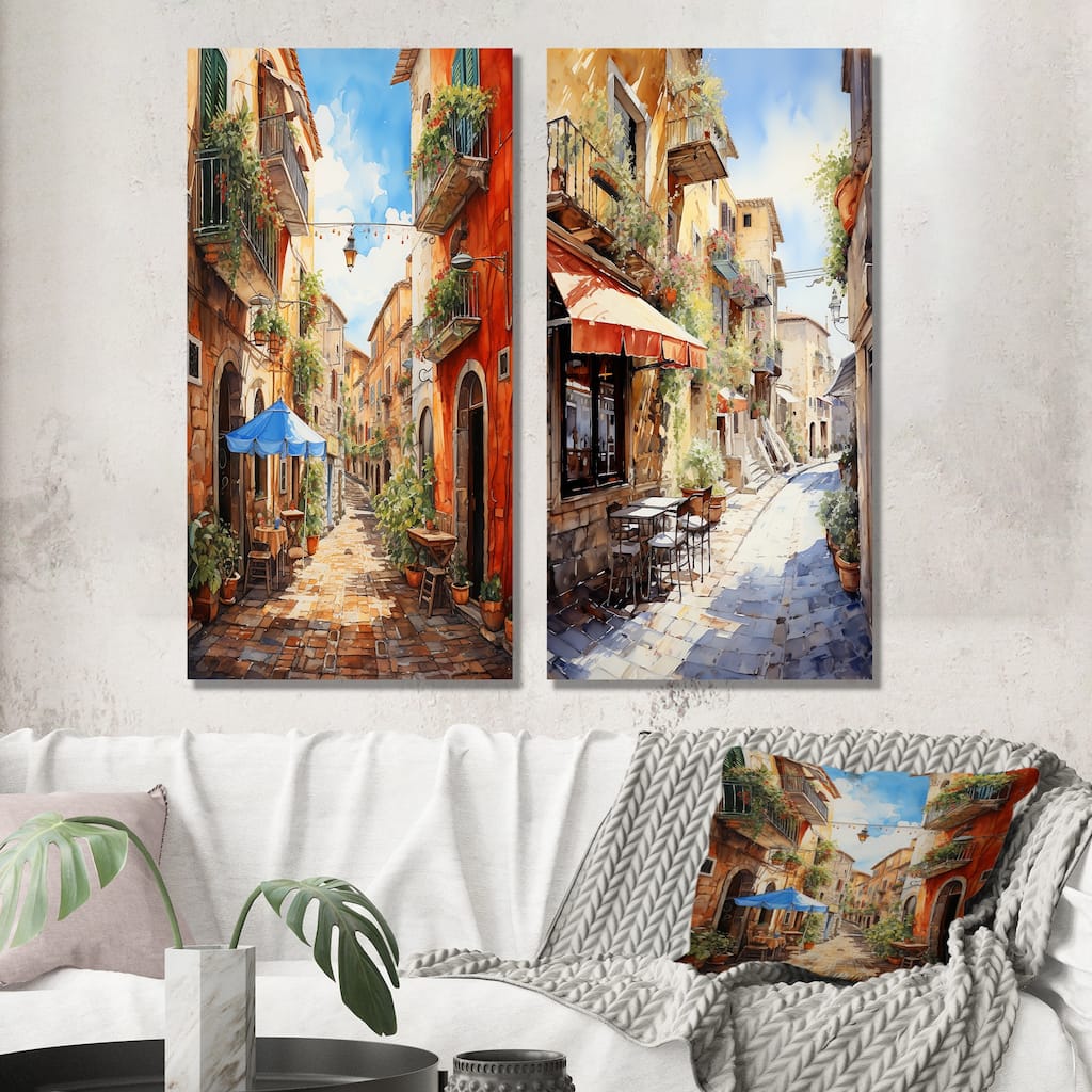 Designart "Italian Village Essence I" Italy Canvas Set Of 2 - Traditional Wall Art Set - Blue Wall Decor 2 Pieces