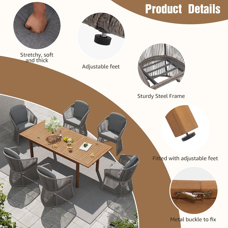 Extendable Wood Outdoor Dining Table Set with 6 PE Wicker Chairs