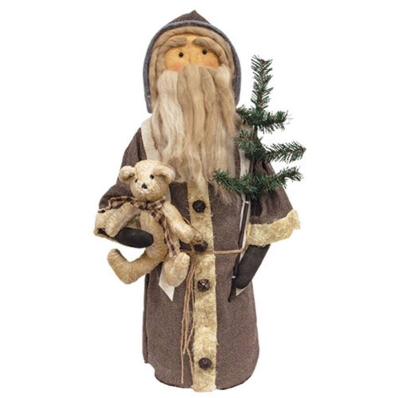 27"H Decorative Plush Standing Santa Rustic Christmas Figure with Tree Bear and Jingle Bell Details - 27" H x 13" W x 7" D
