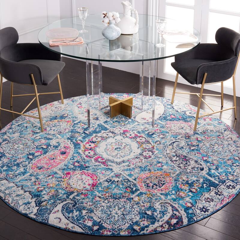 SAFAVIEH Madison Belle Boho Glam Paisley Pattern Area Rug - 6' Round - Blue/Grey