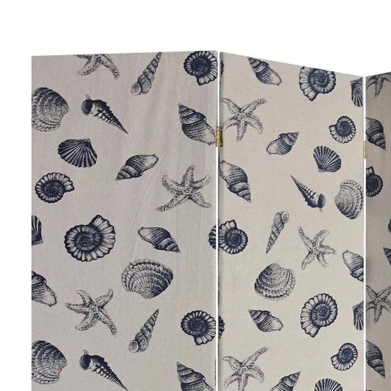 71 Inch 3 Panel Fabric Room Divider with Seashell Print, Blue