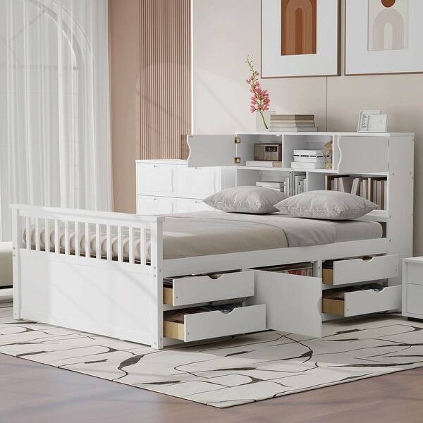 slide 2 of 54, Captain Platform Bed Frame with Storage Bookcases, Shelves & Four Drawers White - Full