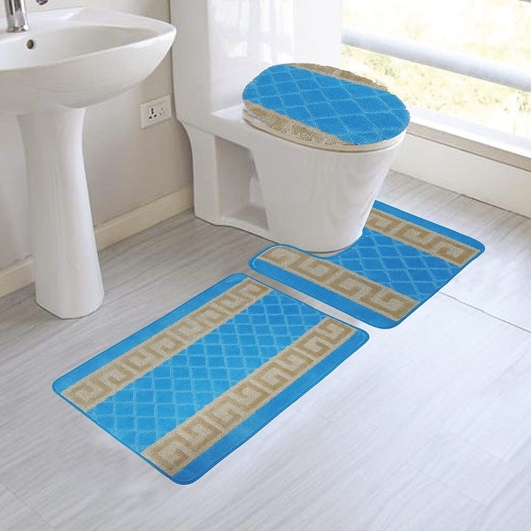 Nicole 3 Piece Mega Bath Mat Set Greek Key Design Turquoise On