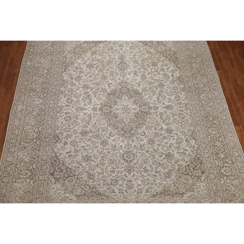 Hand Knotted Oriental 100% Wool Carpet Traditional Floral Beige & Ivories Mashad Area Rug - 12' 1'' X 9' 5''