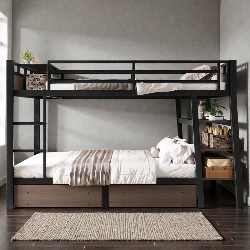 Twin/Full Metal Bunk Bed with Storage Shelves, Drawers, LED Light Strip, USB Power Outlet & Sturdy Guardrail Design