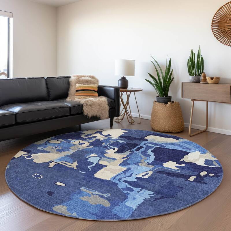 Machine Washable Indoor/ Outdoor Abstract Glam Chantille Rug - Navy - 8' x 8'