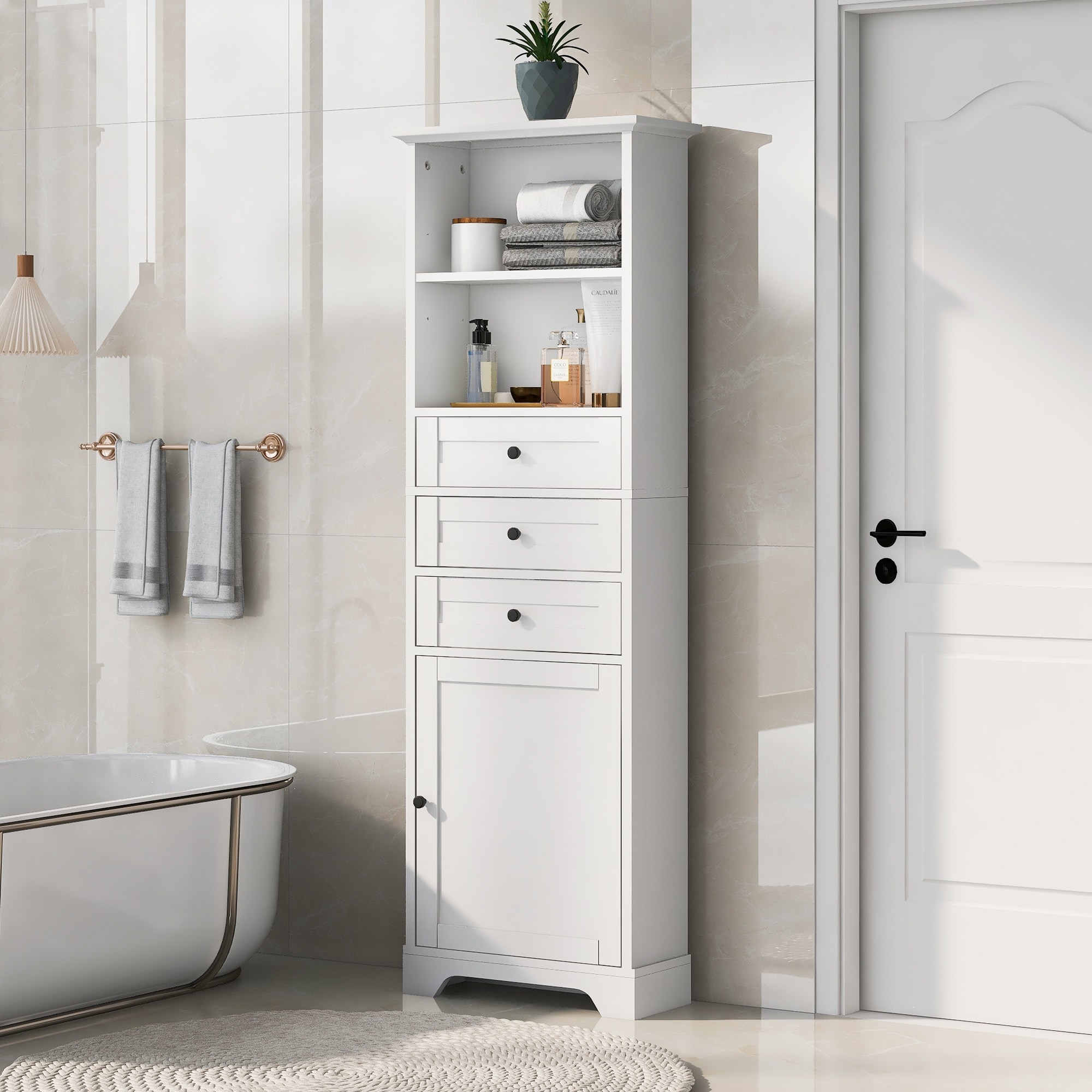 Bathroom Storage Cabinet with Shelves and Drawers, Linen Tall