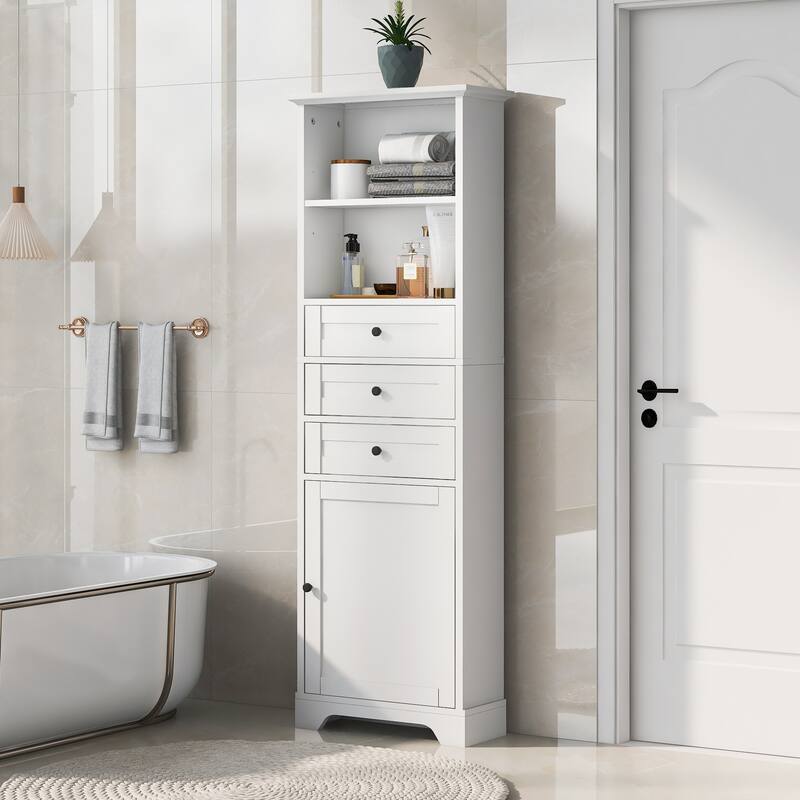 Tall Storage Cabinet with 3 Drawers and Adjustable Shelves for Bathroom, Kitchen and Living Room, MDF Board with Painted Finish - White
