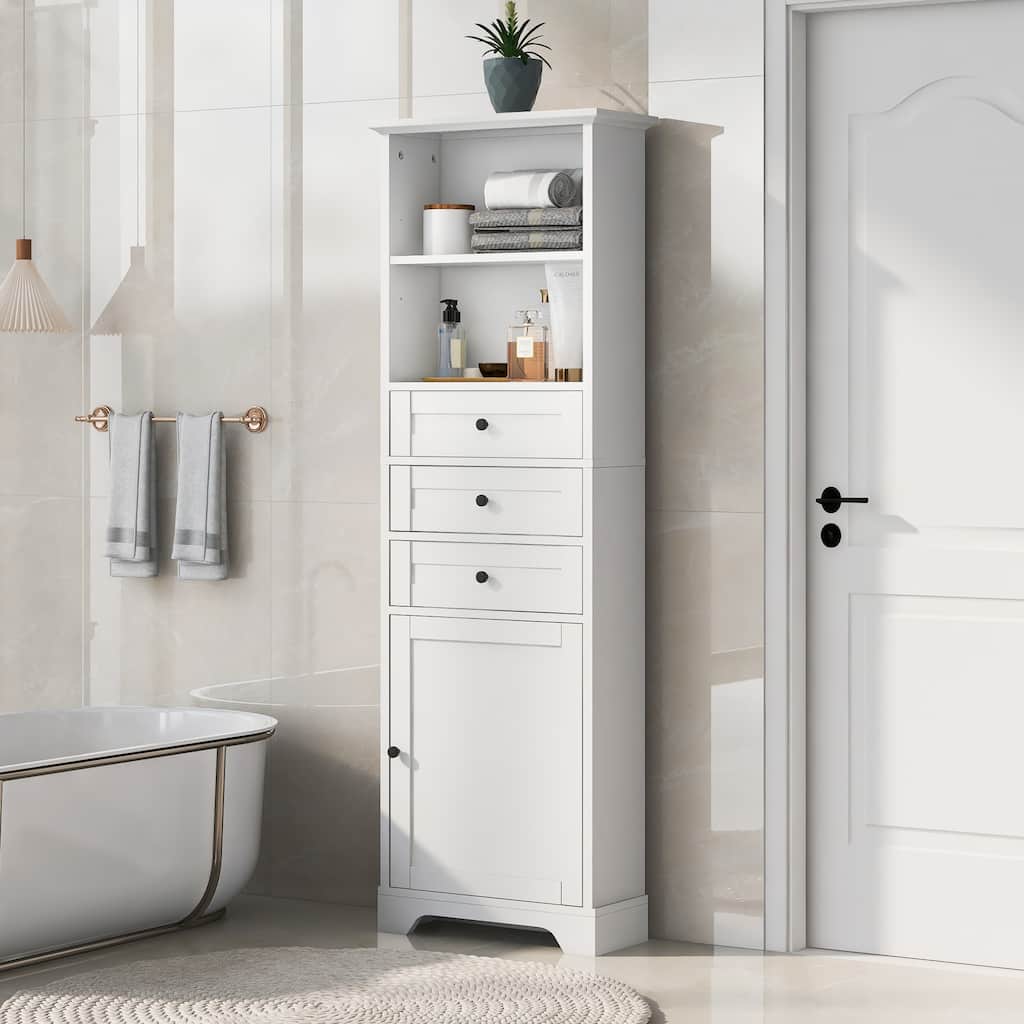 White Tall Storage Cabinet With 3 Drawers And Adjustable Shelves For Bathroom