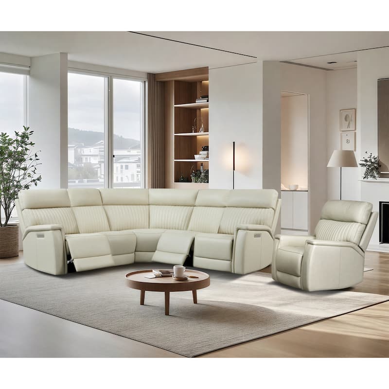 105" W Genuine Leather Power Reclining Sectional and Recliner Sofa Set with USB&USB-C Port, 1 Power Armlesschair - Cream