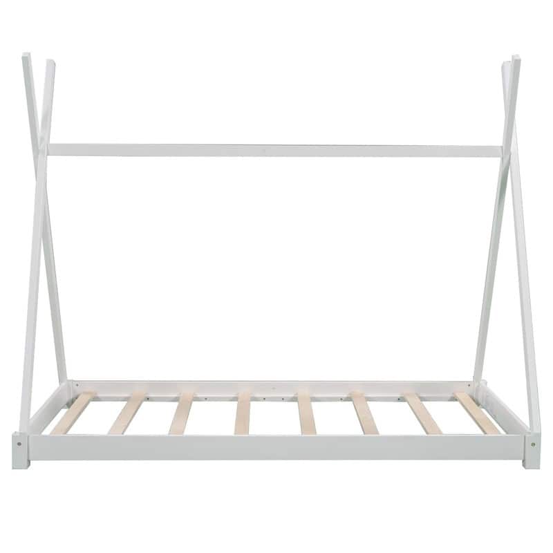 House Bed Twin for Kids, Toddler House Bed with Triangle Structure,Wood Floor Bed Frame for Girls Boys,White