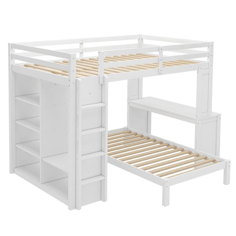 Queen Size Loft Bed & Twin Size Platform Bed Set, Wood Bunk Bed with Built-in Desk, Open Shelves and Wardrobe, Queen Over Twin