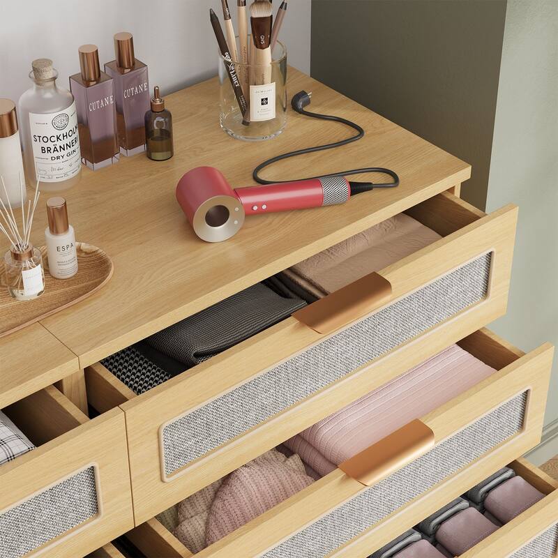 Gymojoy 47" 6 Drawer Rattan Dresser for Bedroom, Boho Farmhouse Wood Chest of Drawers with Metal Handles, Closet Organizer