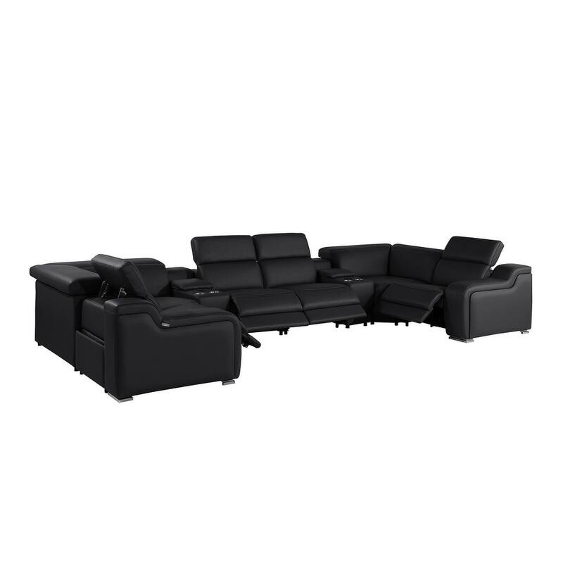 HomeRoots Black Italian Leather Power Reclining U Shaped Eight Piece Corner Sectional With Console