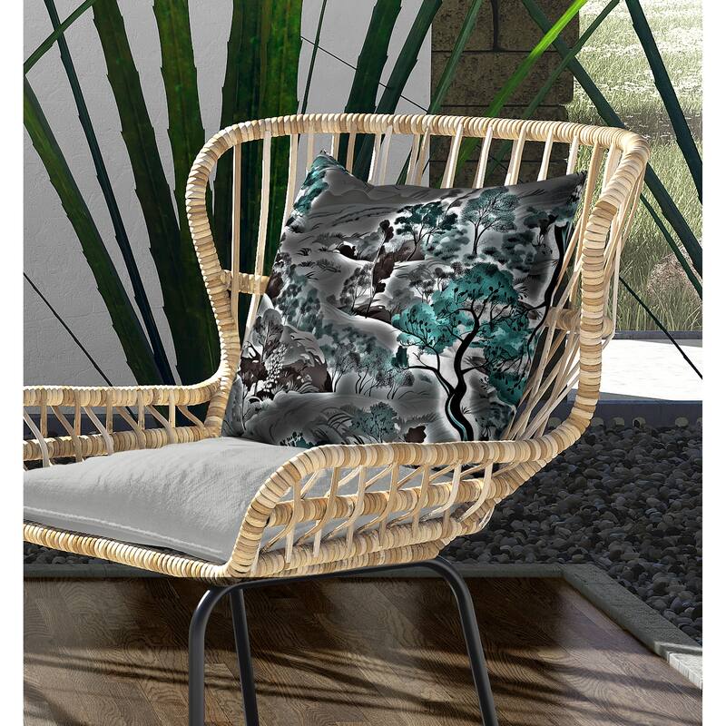 Leaf Magic Stories Indoor/Outdoor Reversible Throw Pillow Grey and Turquoise