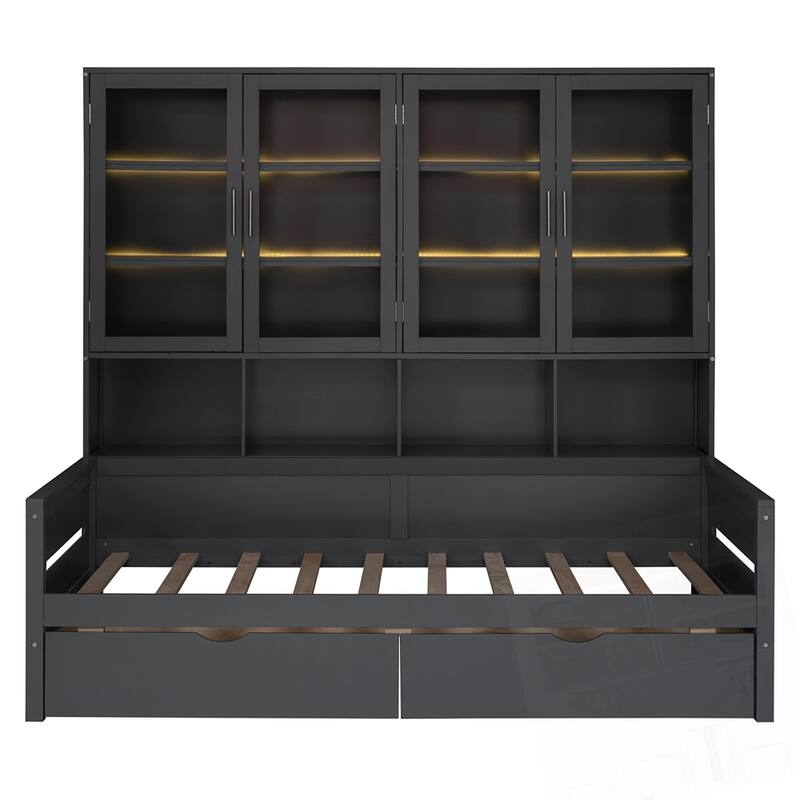Wooden Daybed with Glass-Door Storage Cabinets Built-in LED Lighting and Shelves