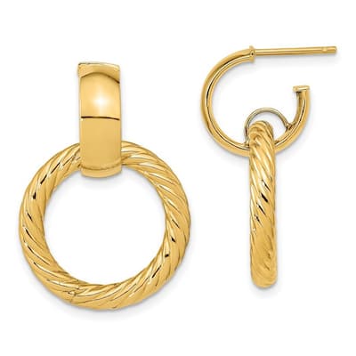 Curata 14k Yellow Gold Polished and Ribbed Fancy Dangle Post Hoop Earrings 29.32x20.5mm