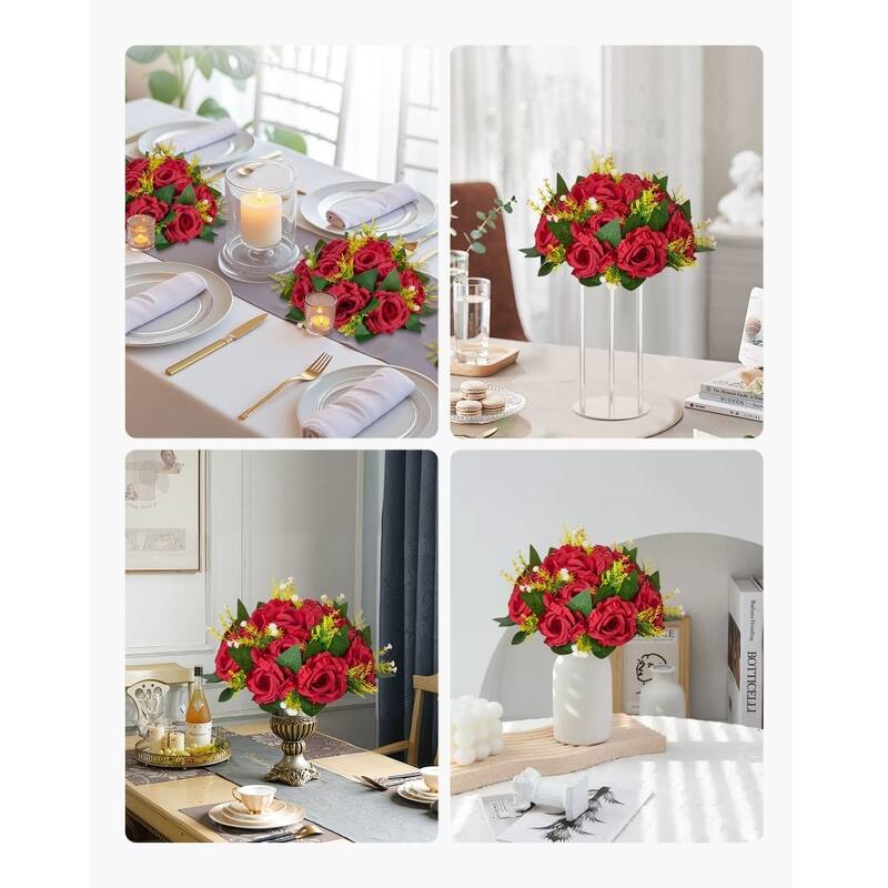 Red Silk Rose Flower Balls Set of 10 with Stable Base for Decor - 9.45 x 9.45 x 4.27 inch