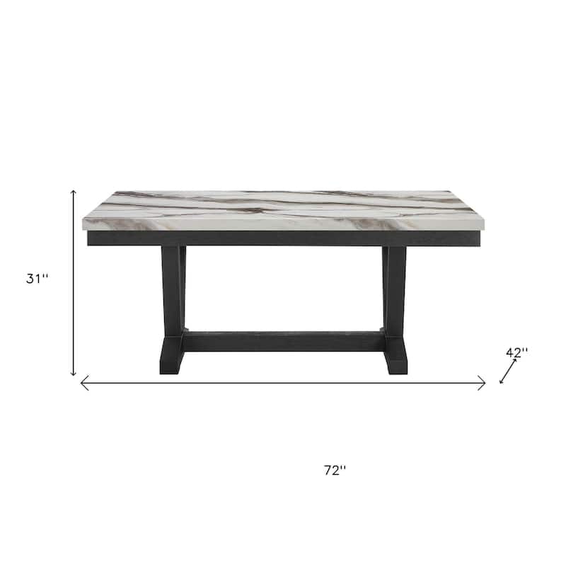 HomeRoots 72" White and Black Faux Marble and Wood Trestle Base Dining Table - 72.00 in. x 31.00 in. x 42.00 in.