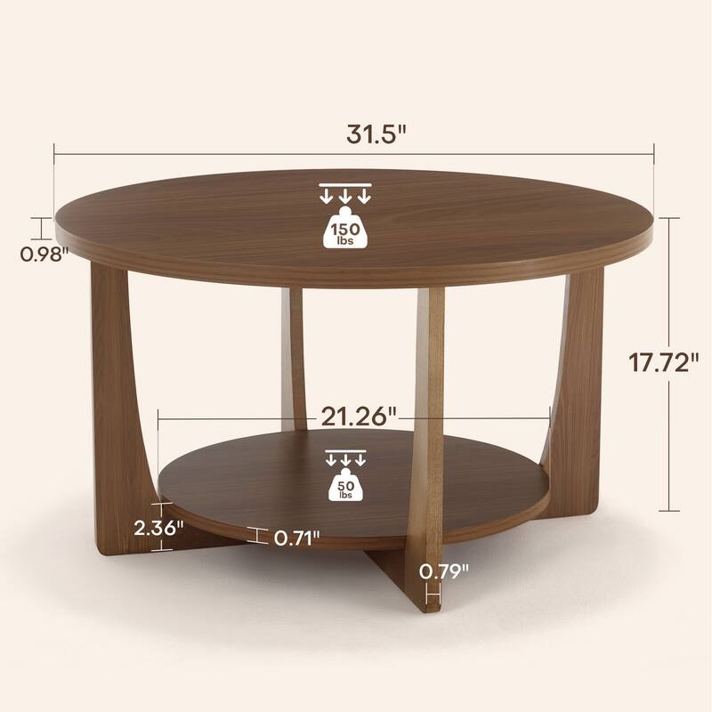 31.5" Round Coffee Table with Solid Wood Legs and 2-Tier Storage - 31.5"Dia x 17.72"H