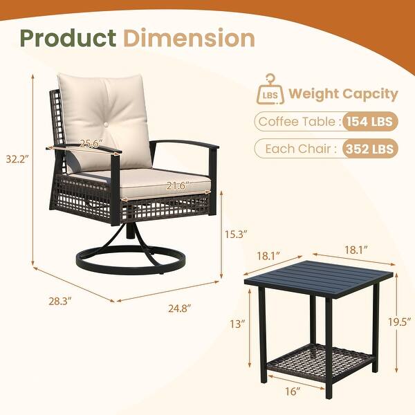 dimension image slide 4 of 6, Outdoor Swivel Rocker Patio Chairs Set of 2 with Coffee Table &Cushions, Rattan Bistro Set for Porch, Backyard, Balcony