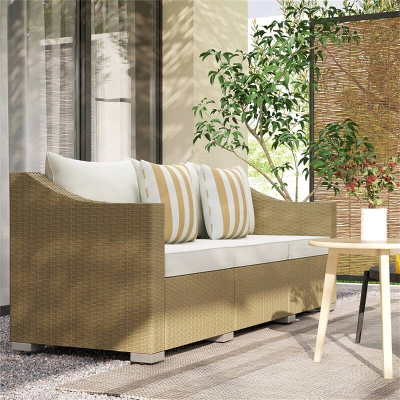 3-Seater Outdoor Rattan Sofa PE Wicker Steel Frame Patio Deck Garden Couch with Cushions and Throw Pillows - Cream White