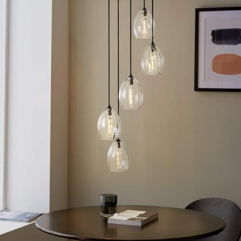 5-Light Modern Cluster Black Pendant Light with Glass Shade - Clear Ribbed Glass