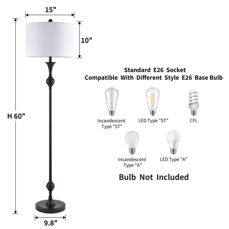 KAWOTI 60"H Traditional Metal Floor Lamp with Drum Shade - W15" x H60"
