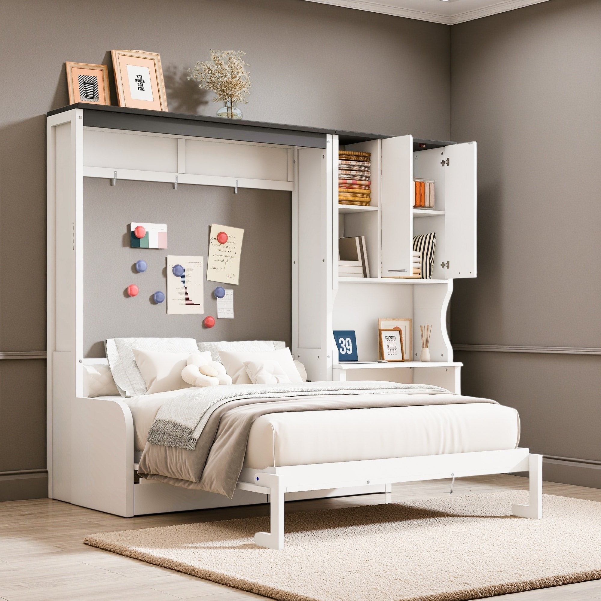 Full Size Solid Wood Murphy Bed with Sofa, Desk, and Storage Cabinet