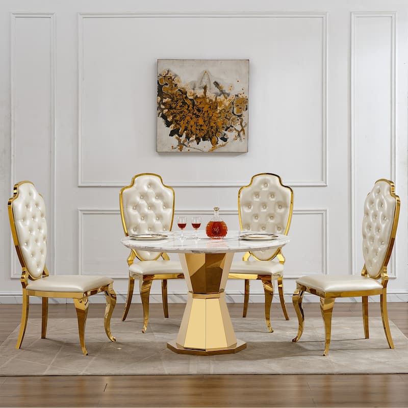 GDFStudio - Jane Series 47" Round Marble Dining Table and Stainless Steel Base for Dining Room, Kitchen