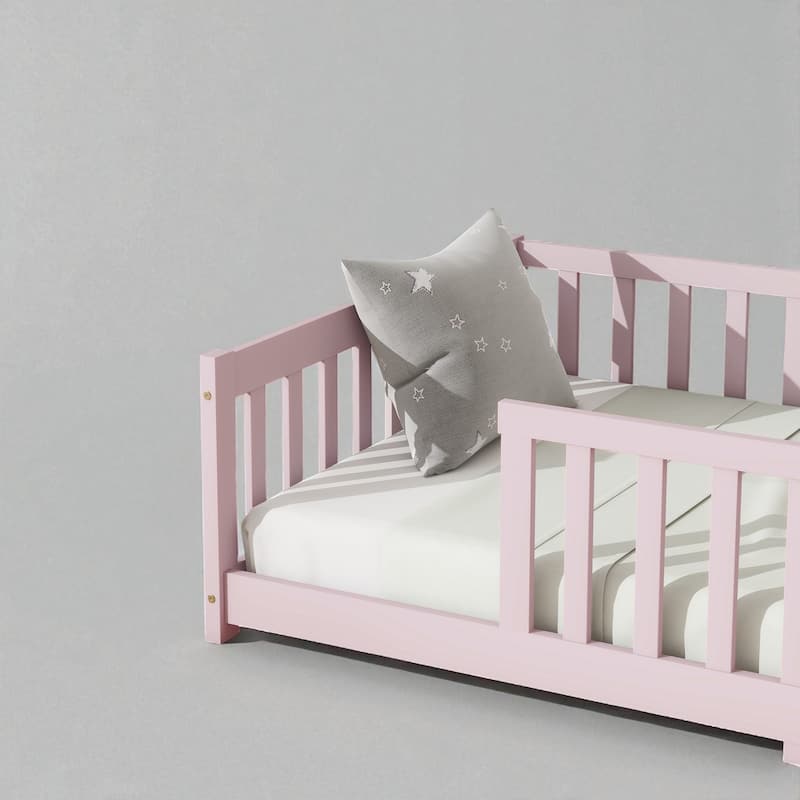 Twin Floor Bed with High Safety Fence, Rubber Wood Construction, Easy Assembly