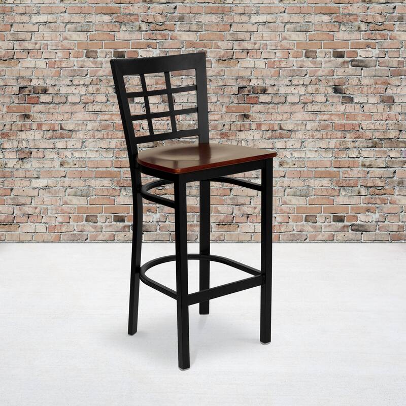 Window Back Metal Restaurant Barstool - 16"W x 19"D x 41.75"H - 16"W x 19"D x 41.75"H - Mahogany Wood Seat/ Black Metal Frame