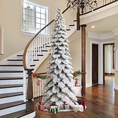 Glitzhome 12ft Pre-Lit Flocked Slim Spruce Artificial Christmas Tree with 900 Lights