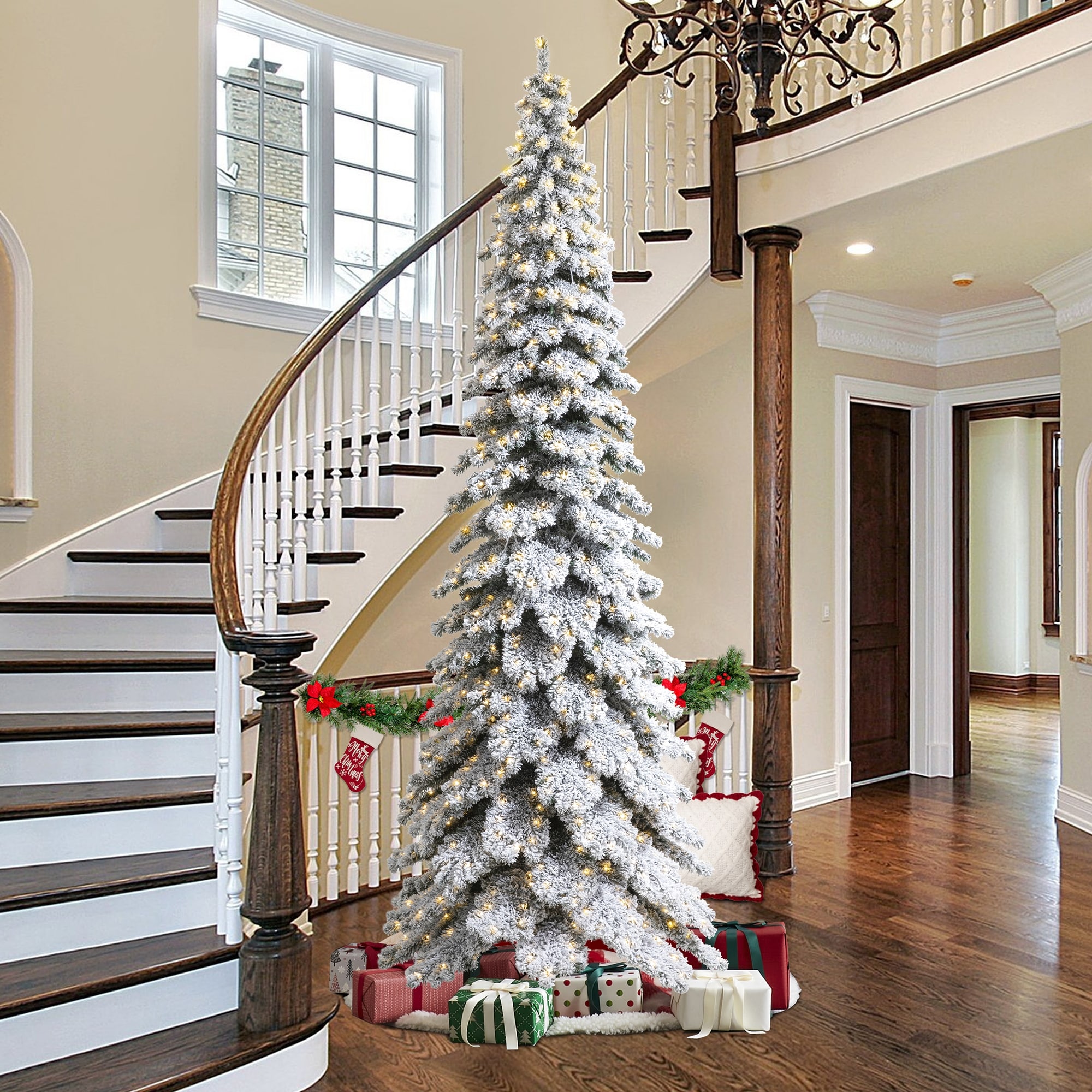 Glitzhome 12ft Pre-Lit Flocked Slim Spruce Artificial Christmas Tree with 900 Lights