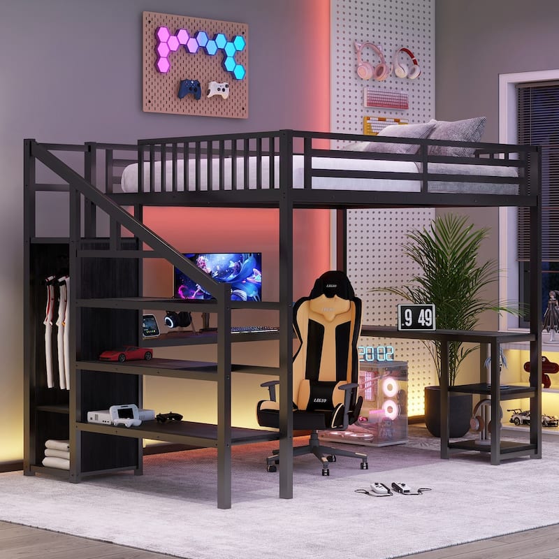 Metal Loft Bed with L Shaped Desk,USB,Wardrobe and LED Light