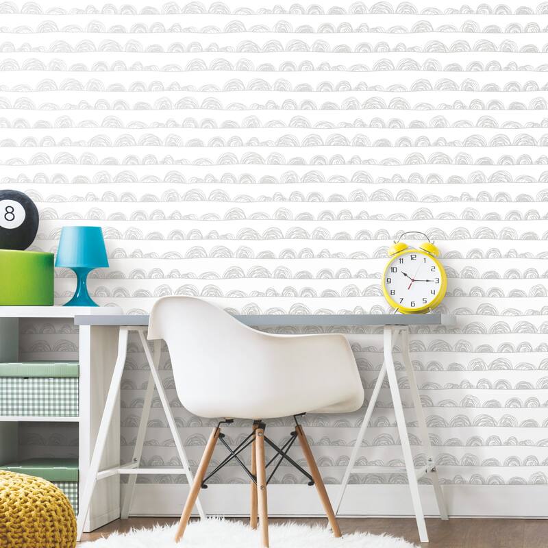 RoomMates White & Grey Doodle Scallop Peel and Stick Wallpaper Bed