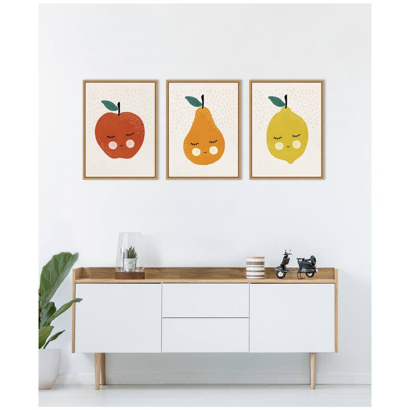 Kate and Laurel Cute Apple Lemon Pear 3 Piece Framed Canvas Wall Art Set by July Art Prints