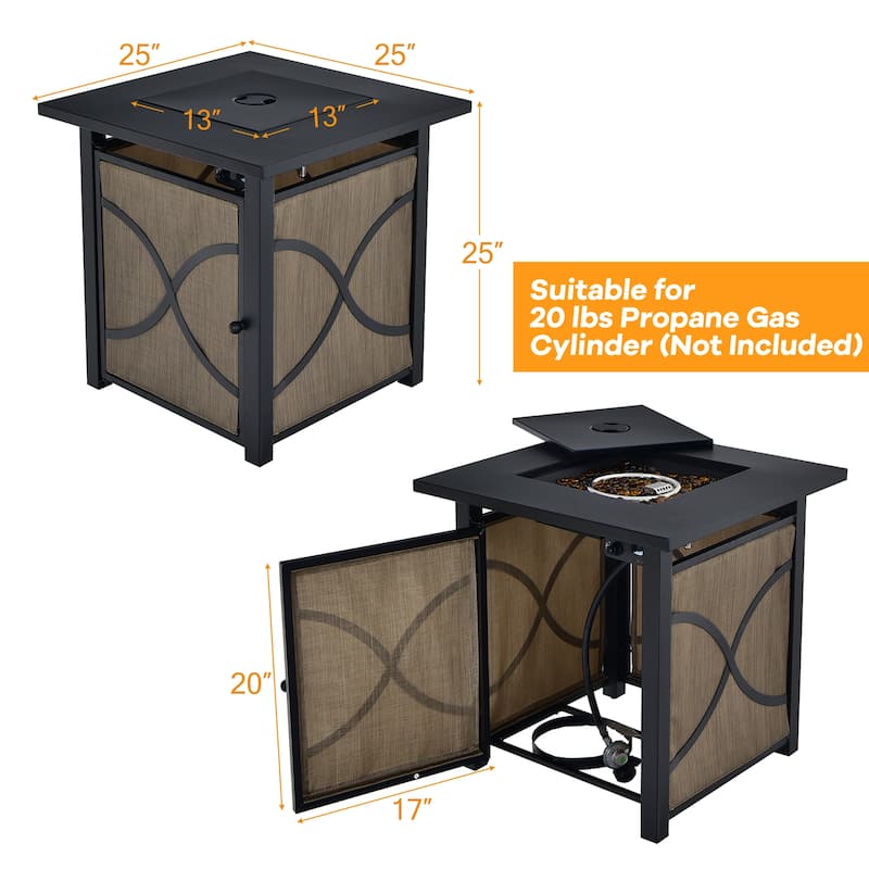 25-Inch Square Propane Fire Pit Table 40000 BTU W/ Lid Fire Glass