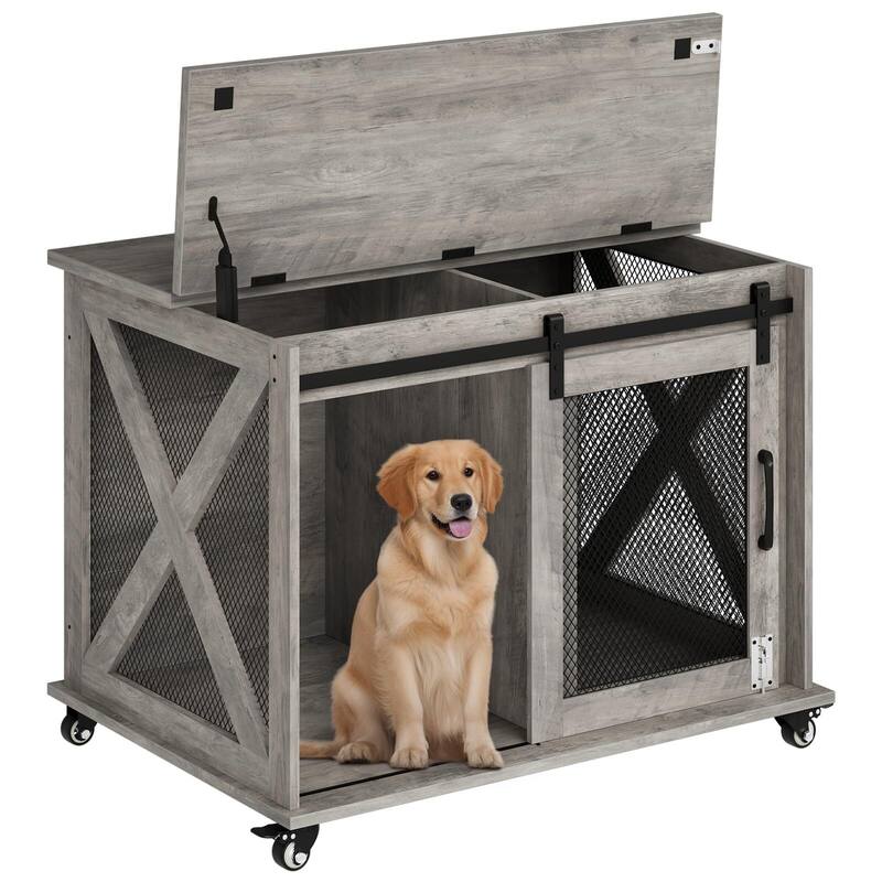 Dog Crate Furniture with Sliding Barn Door,Flip Top Furniture Style Dog Crate End Table with Wheels