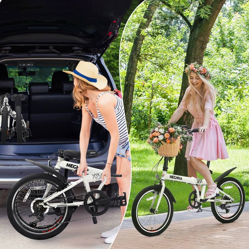 20 Inch Folding Bike, 6-Speed City Commuter Bicycle with Basket & Dual V-Brake, Portable Compact Bicycle, Steel Frame for Teens