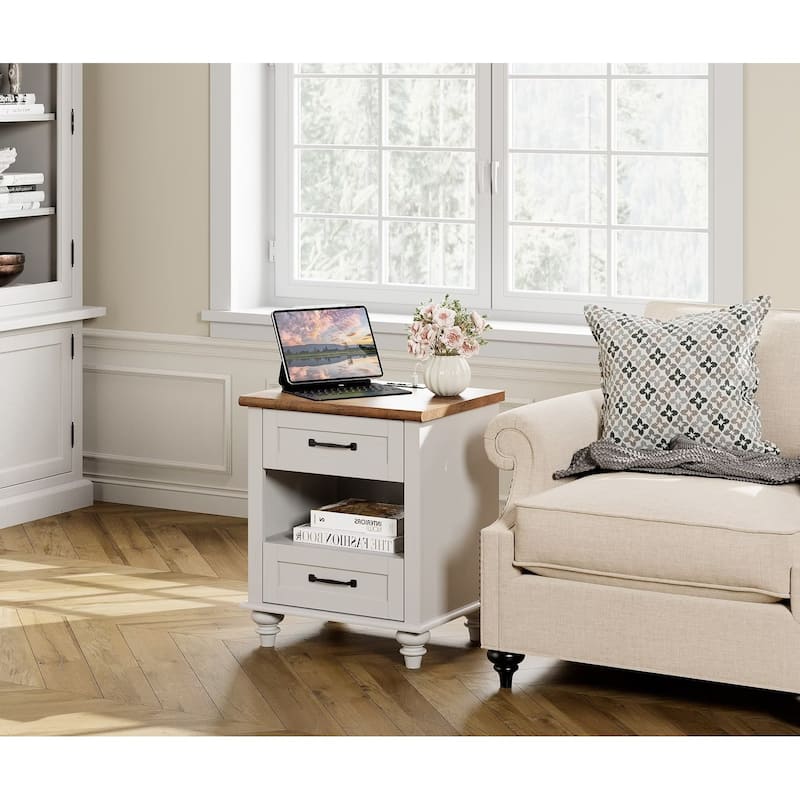 Farmhouse Nightstand Bedside Table, Wood 2-Drawer Side Table