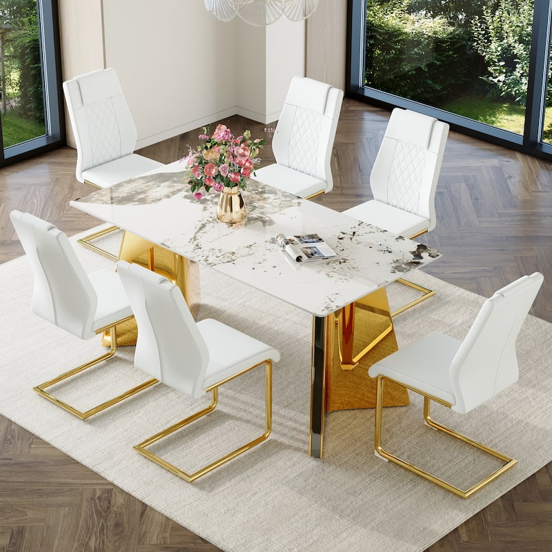 7-Piece Luxury Dining Table and Chair Set, Stone Tabletop Rectangular Table with Stainless Steel Butterfly Legs and 6 PU Chairs
