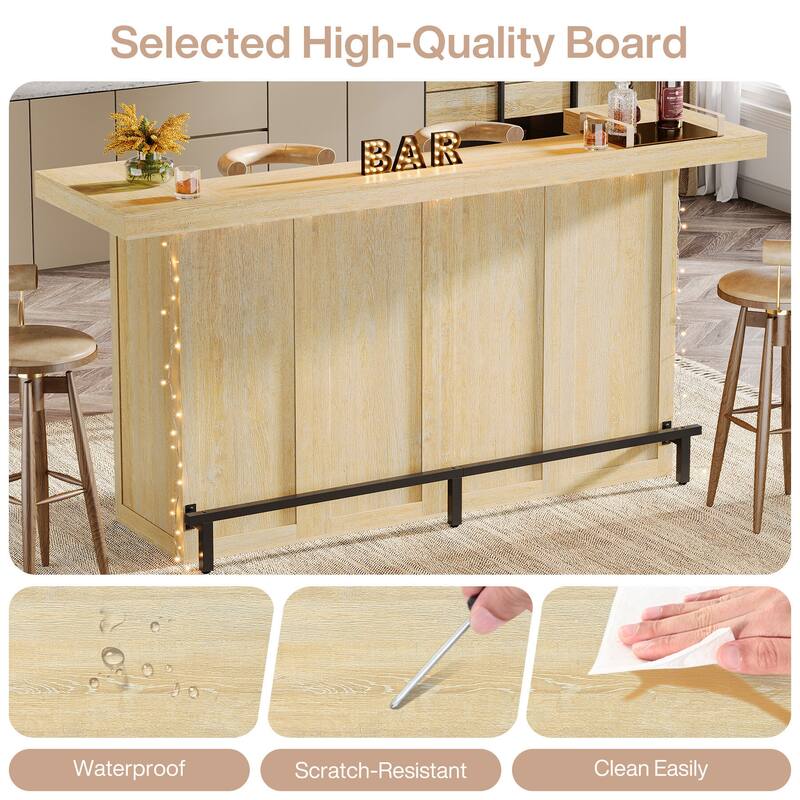 Industrial Wood Bar Table Liquor Cabinet with Wine Glass Holder