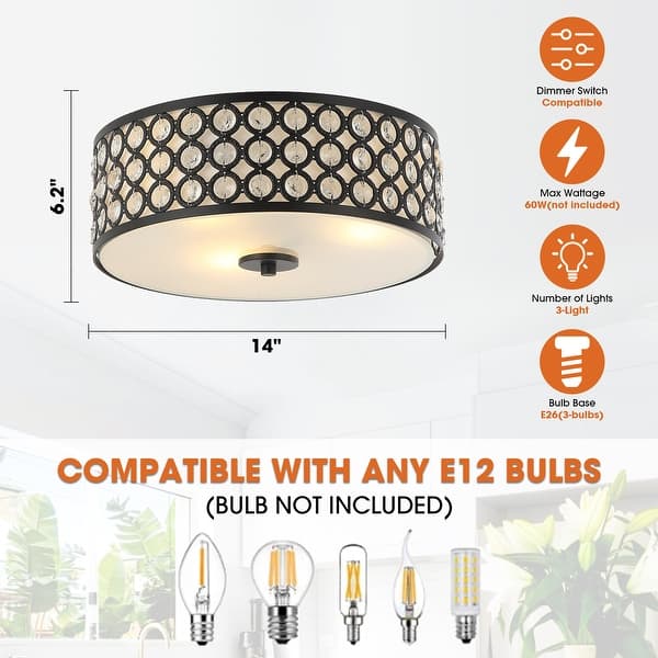 Modern 3-Light Crystal Black Drum Flush Mount Ceiling Light