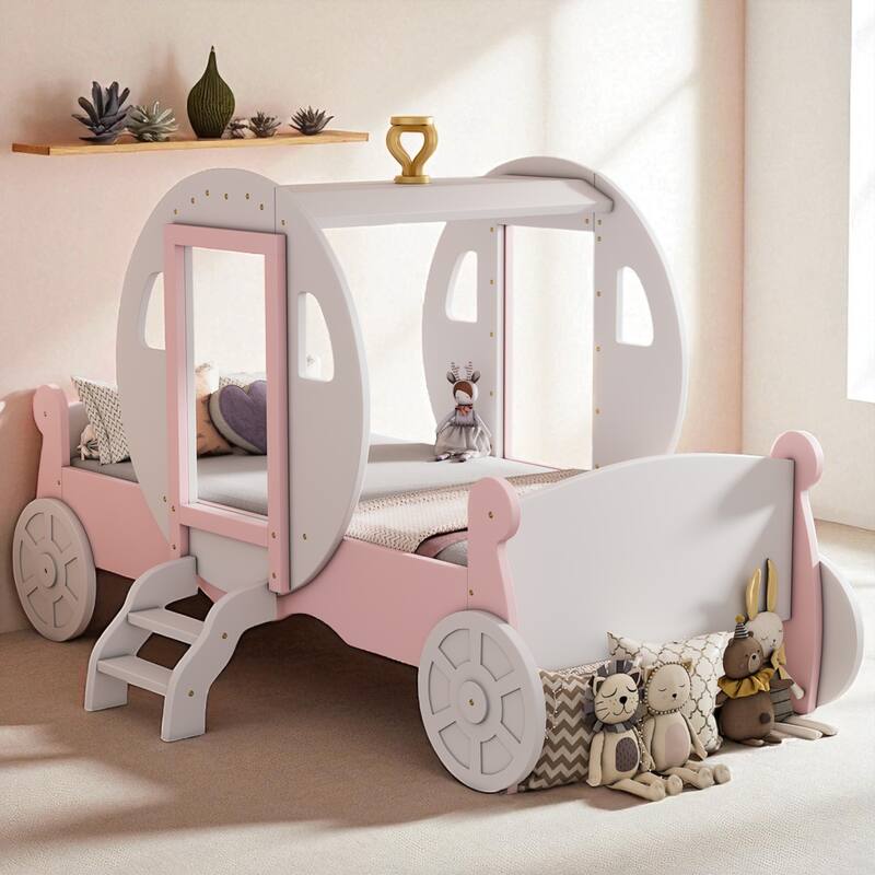 Twin Size Princess Carriage Bed with Crown and Stairs, Kids Wooden Platform Bed Frame with Slats and Fairy Tale Design - White - Twin