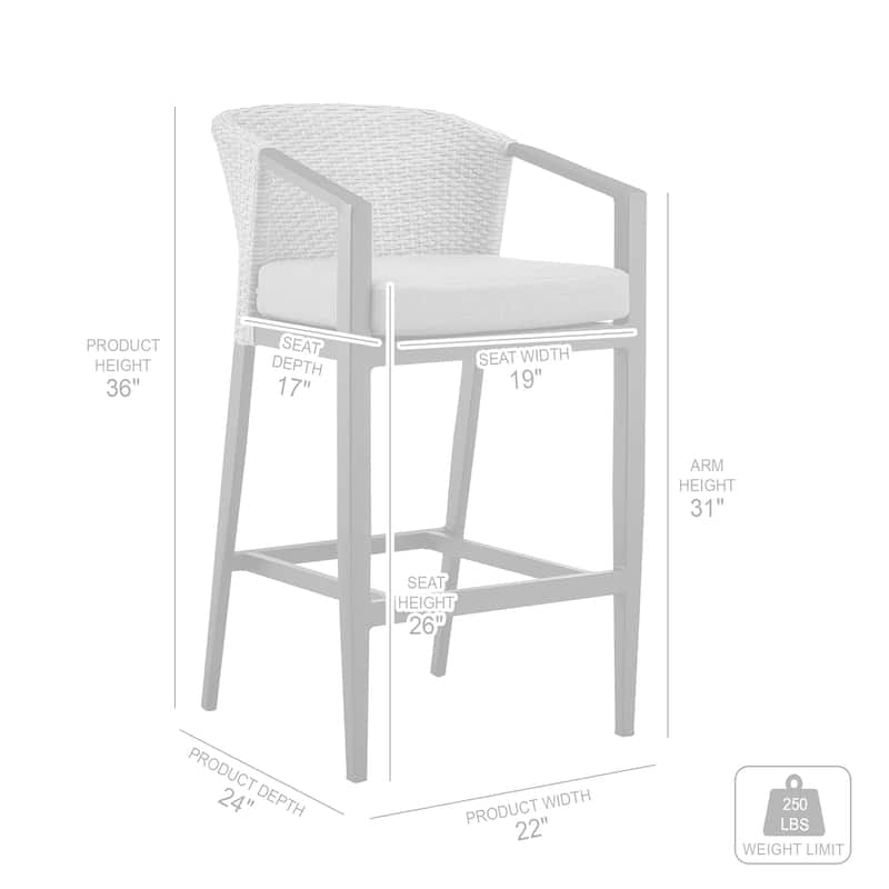 Aileen Outdoor Patio Counter Stool in Aluminum and Wicker with Grey Cushions