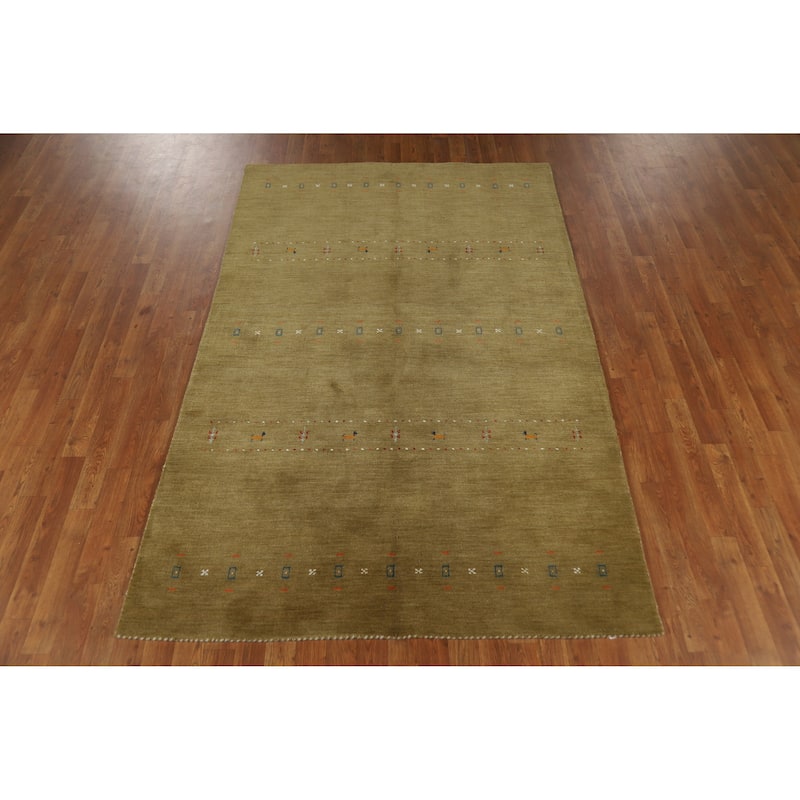 Green Tribal Gabbeh Indian Area Rug Hand-Knotted Oriental Wool Carpet - 5'0" x 7'9"