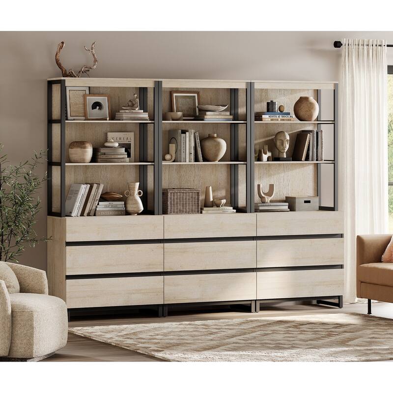 WAMPAT Modern 72" Tall Bookcase with Drawers and Open Book Shelfs, Library Book Shelf for Home Office, Living Room