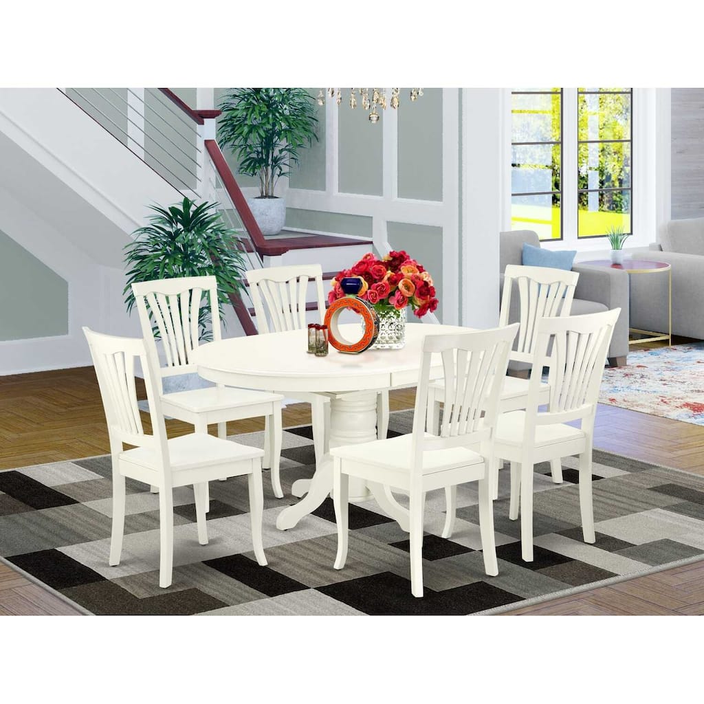 Oval Dining Set 7Pc - 42/60 Inch Table w/ Leaf & 6 Chairs - Modern Farmhouse Style