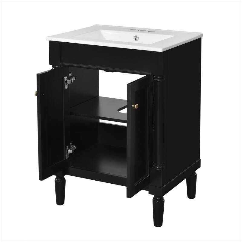 24'' Solid Wood+MDF Bathroom Vanity with Top Sink and Large Storage Shelves - 24" x 18"